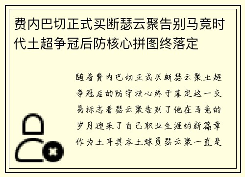费内巴切正式买断瑟云聚告别马竞时代土超争冠后防核心拼图终落定