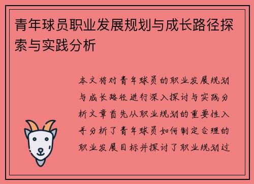 青年球员职业发展规划与成长路径探索与实践分析